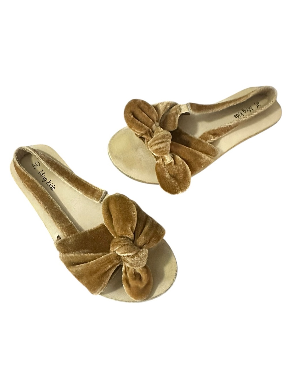 Mango Girls Gold Velvet Knotted Bow Slingback Flat Sandals - Size 30 / US 12